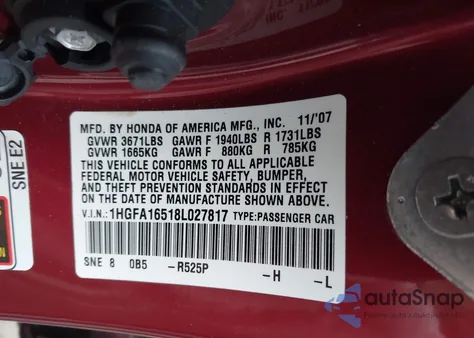 2008 Honda Civic Lx from USA, damaged, VIN 1HGFA16518L007817